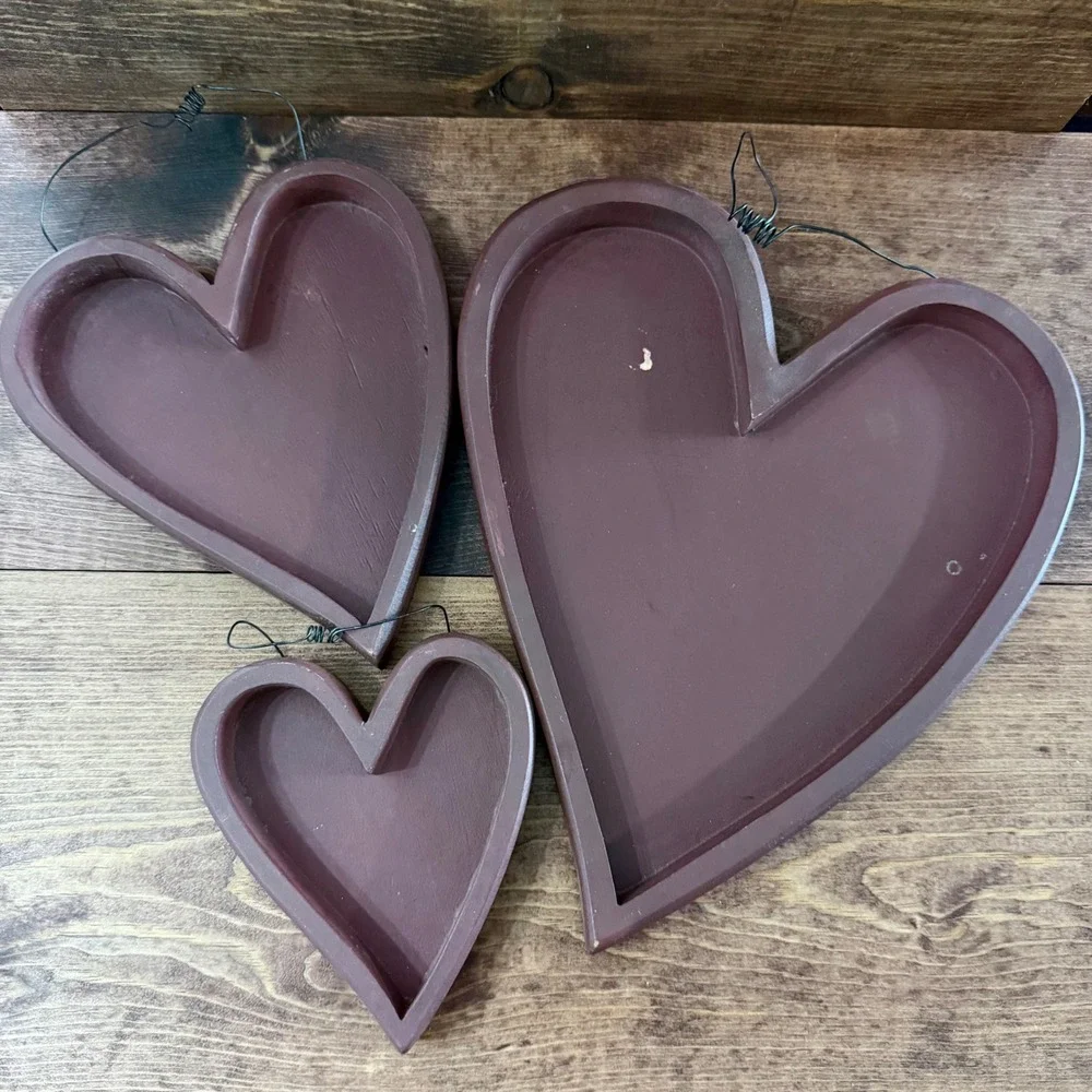 Nesting Wooden Heart Wall Decor Set 3 Piece Primitive Rustic Burgundy Farmhouse